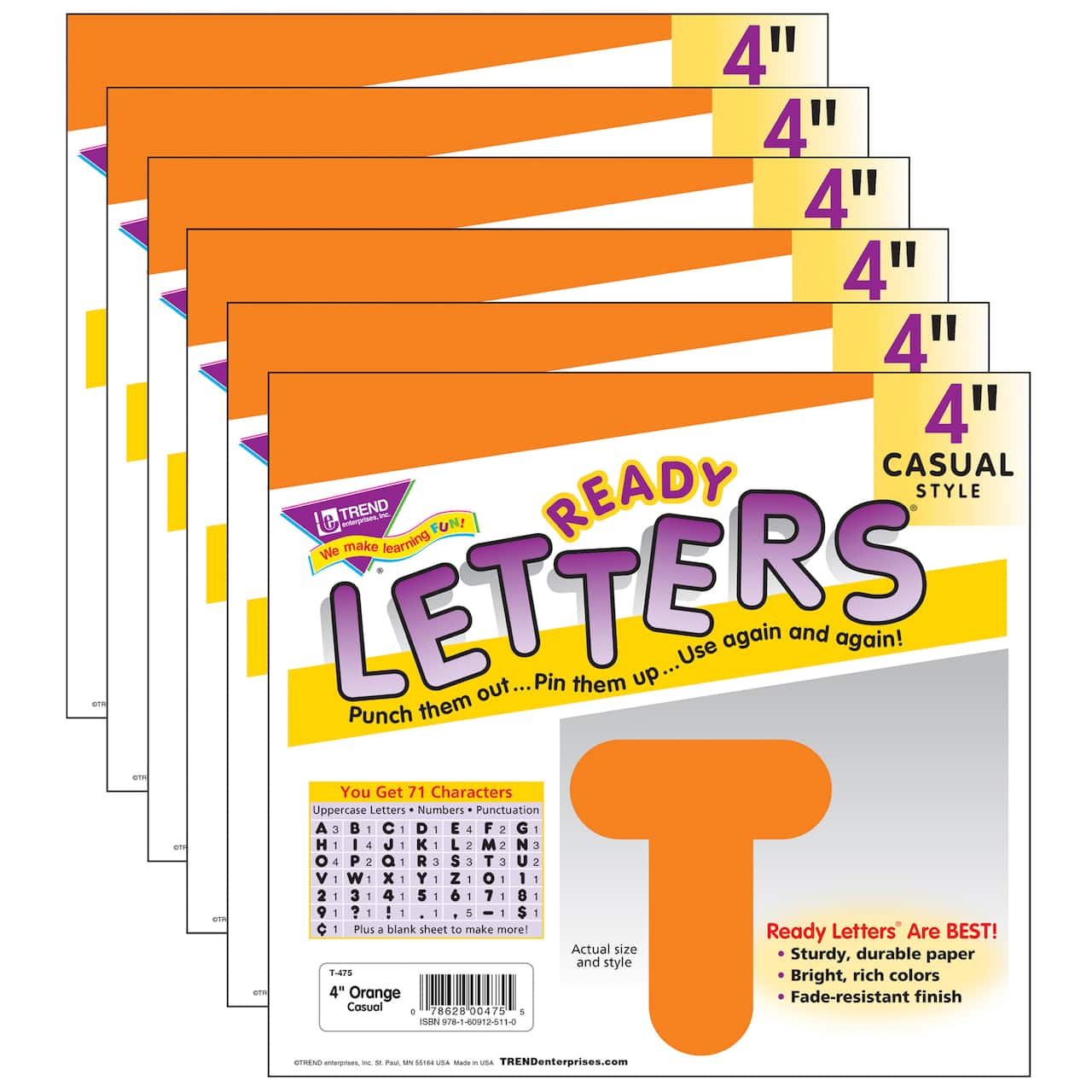 Trend Orange 4" Casual Uppercase Ready Letters®, 6 Pack